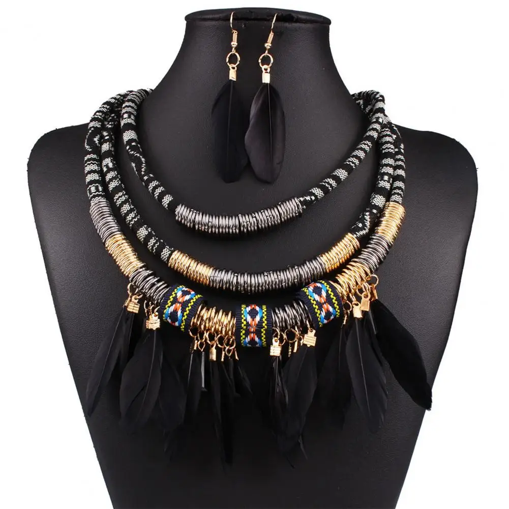 Ethnic Jewelry Set Classic Feather Tassel Necklace Earrings Set Exaggerated Unique Necklace Earrings Set for Daily Life