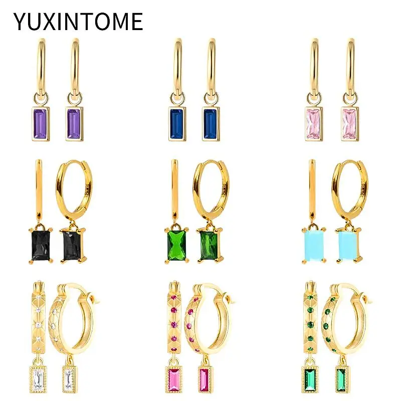 

925 Sterling Silver Ear Needle Luxury Multicolor Square Pendant Earrings Colorful Zircon Hoop Earrings for Women Fashion Jewelry