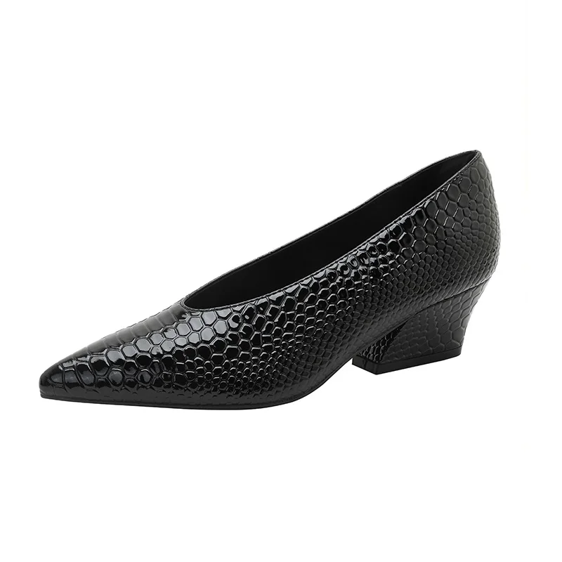 2027 New Snakeskin Pattern Pointed Toe Chunky High Heel Women Shoes Leather Wedges Dress  Fashion Autumn Women Shoes Lady Shoes