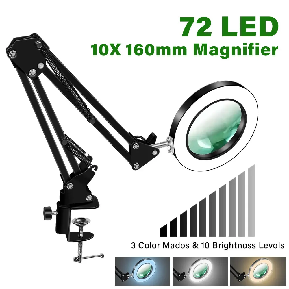 10-fache beleuchtete Lupe mit USB, 3 Farben, 72 LED-Beleuchtung für Lötarbeiten, Reparaturen, Tischlampe, Lesen, Hautpflege und Schönheitsanwendungen