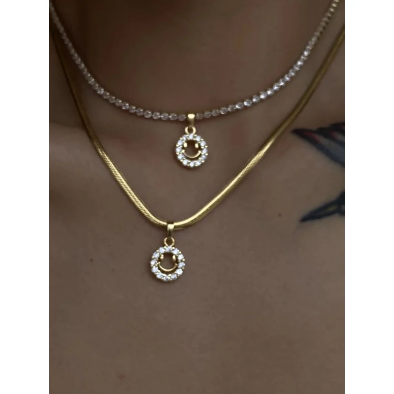 

Brass AAA Zircon Snake Chain Smile Necklaces Women Jewelry Punk Designer Runway Rare Simply Gown Boho Top Japan Korean