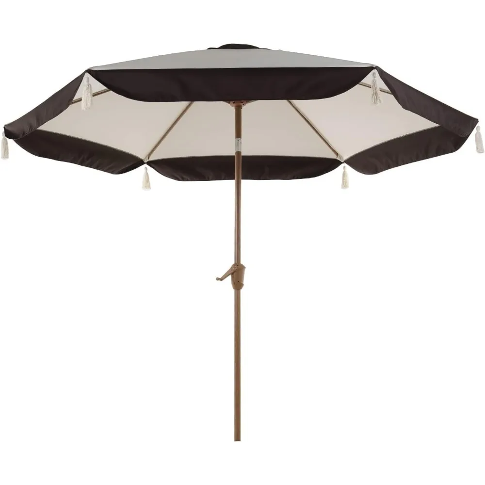 9FT Patio Umbrella with Fringe, Outdoor Tassel Umbrella with Push-Button Tilt for Poolside, Deck, Garden,