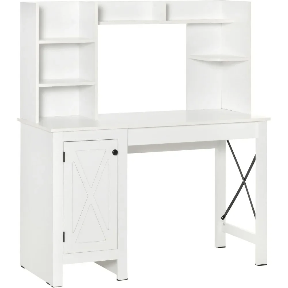 Farmhouse Computer Desk with Hutch and Cabinet, Home Office Desk with Storage, for Study, White 19.75