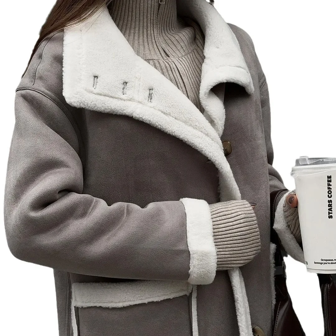 Europe and the United States new autumn and winter sticker bag gray patched-color coat lapel a body hair coat woman