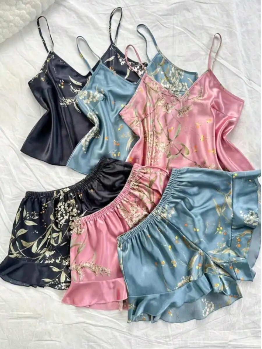 

Womens V-Neck Floral Print Satin Camisole And Ruffled Shorts Pajama Set