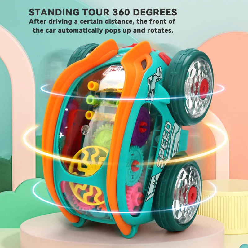 Cool Transparent Gear Rotating Dump Truck Toy, Stunt Dump Rotation, Colorful Sound and Light, Perfect Gift for Babies