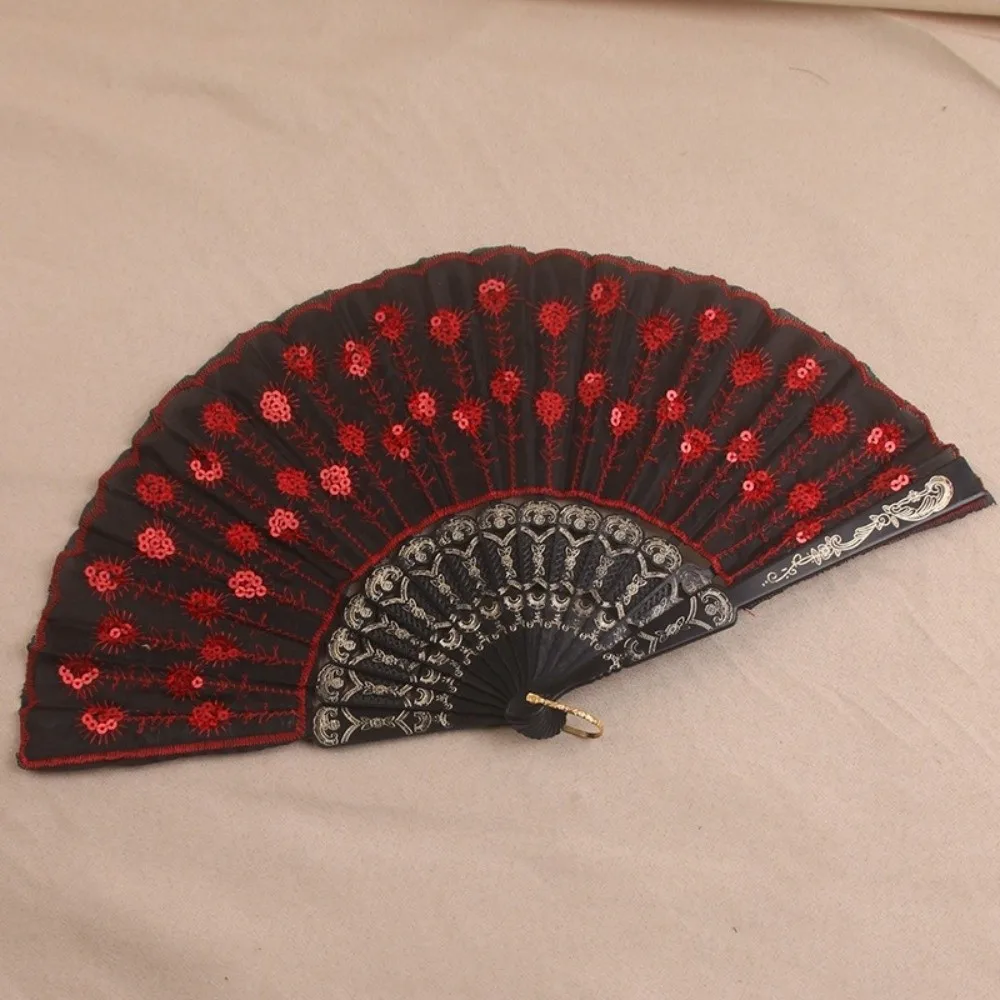 Sequin Embroidery Chinese Folding Fan Peacock Pattern Plastic Handheld Fan Folding Handheld Style Sequin Fan Event Decor
