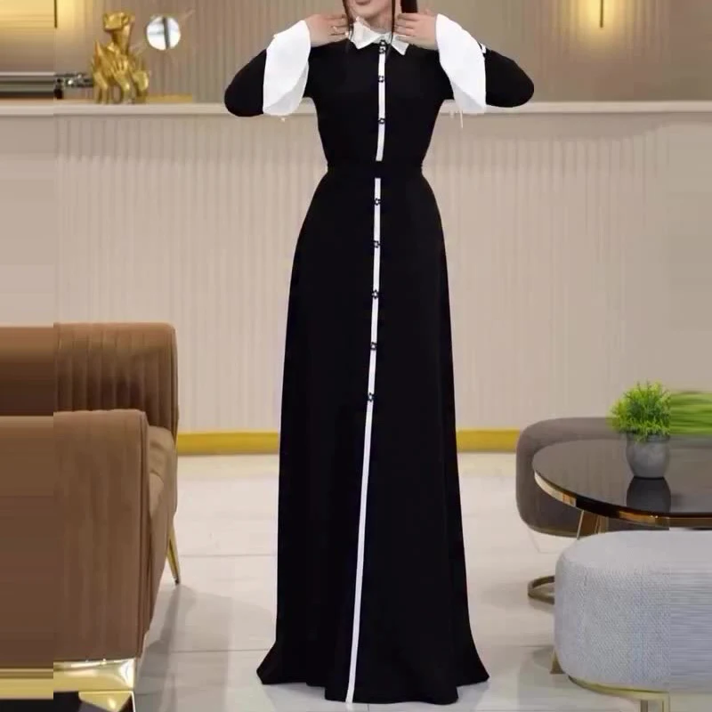 

Элегантное женское повседневное платье-рубашка с воротником Питер Пэн, расклешенными рукавами, длинное, для офиса, модное, с завышенной талией, на завязках, для вечеринок