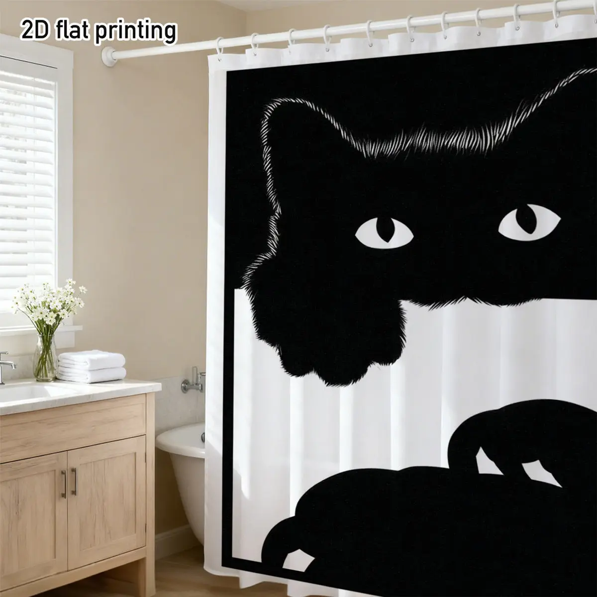 

1 шт. Душевая занавеска с изображением черной кошки – дизайн с эффектом выглядывания, 2D плоская печать, полиэстер, декор для ванной, 72x72 дюйма, с 12 крючками