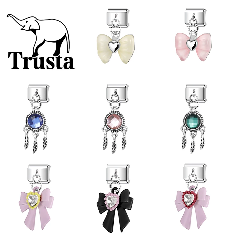Trusta Sparkling Zirconia Bow Pink Black White Italian charm bracelet Pendant Accessories Fit 9mm 1pc Beads Gifts Wholesale N833