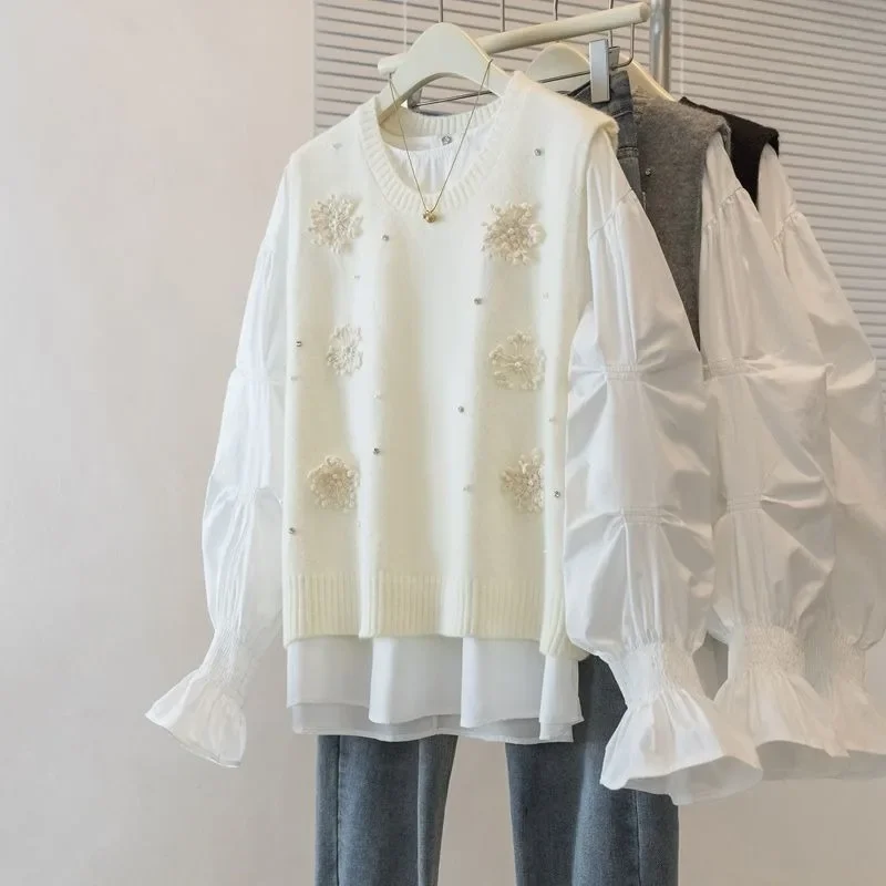 

Shirt for Women 2025 Spring New Large Size Top Unique Flared Sleeve White Shoulder