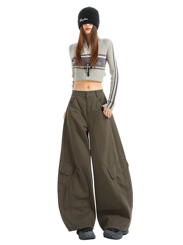 กางเกงขายาวทรงหลวมเอวสูงสไตล์อเมริกันสำหรับผู้หญิง ฤดูใบไม้ผลิ ฤดูใบไม้ร่วง รุ่นใหม่ ทรงหลวม ใส่สบาย สไตล์ลำลอง ทหาร  ใช้งานได้หลากหลาย