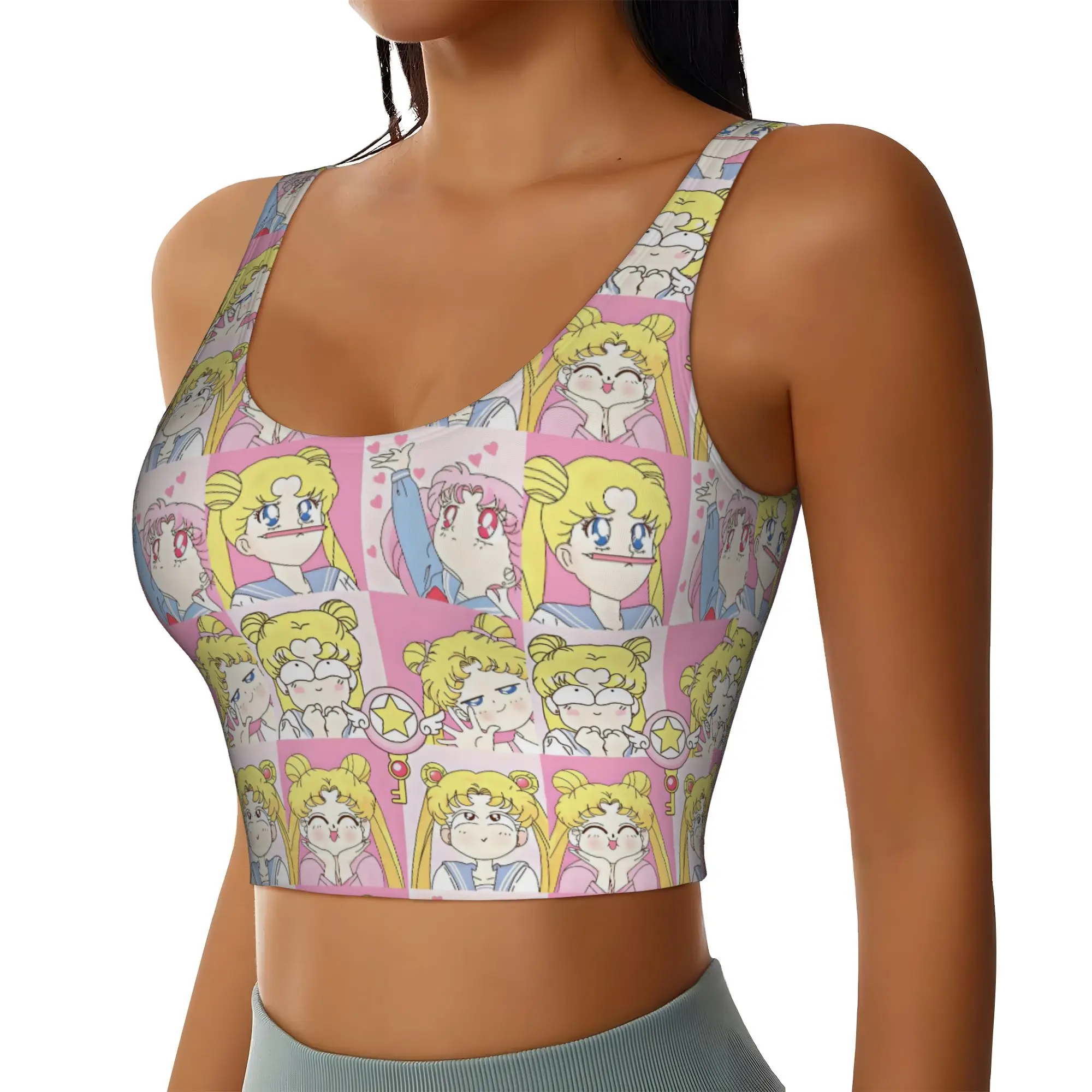 Custom Women Sailors Anime Moons Sports Bra Usagi Tsukino High Impact Gym Workout Running Crop Tank Tops