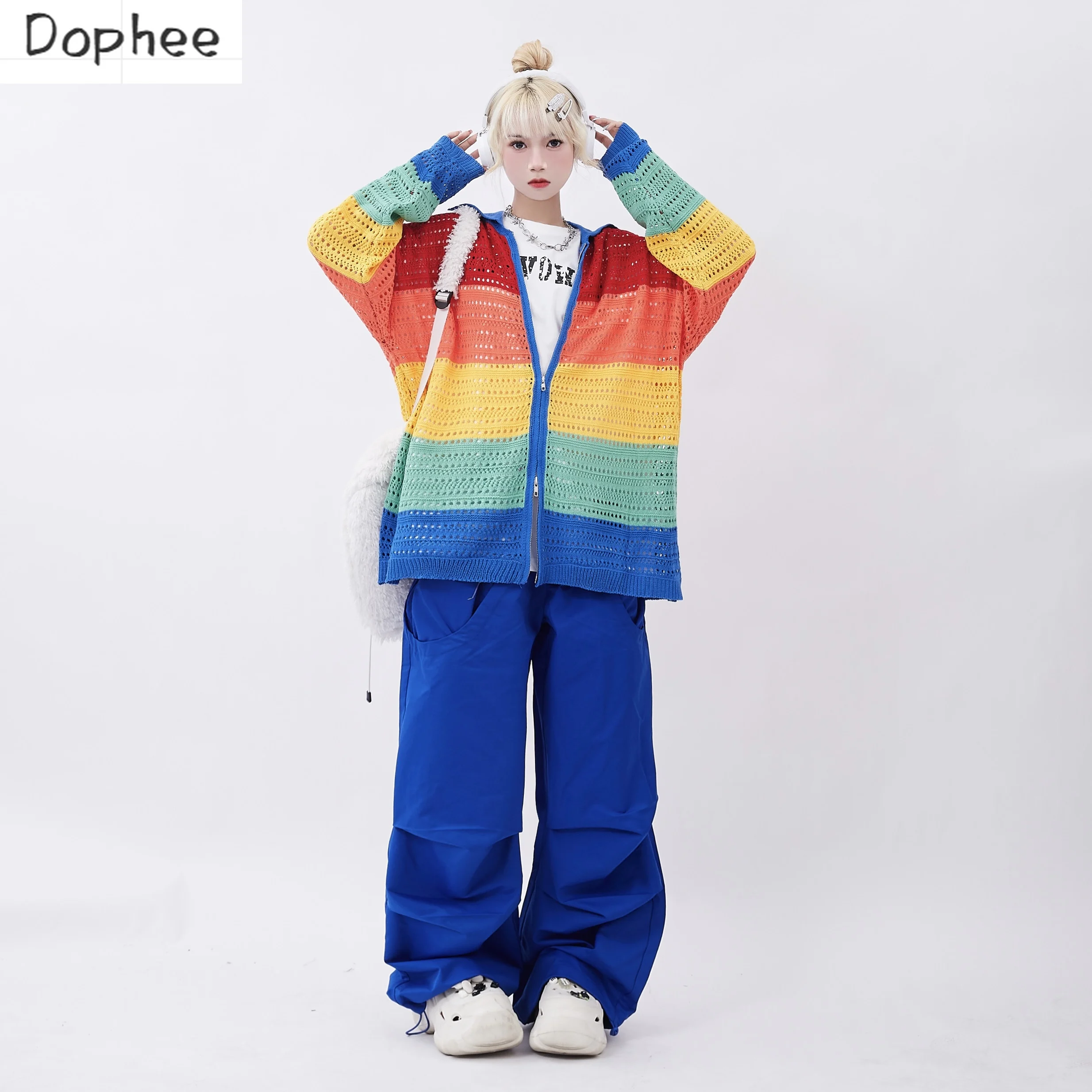 

Dophee New Autumn Women Loose Cardigans Top Dopamine Hollow Out Rainbow Stripe Knitting Sweater Long Sleeve Casual Coat