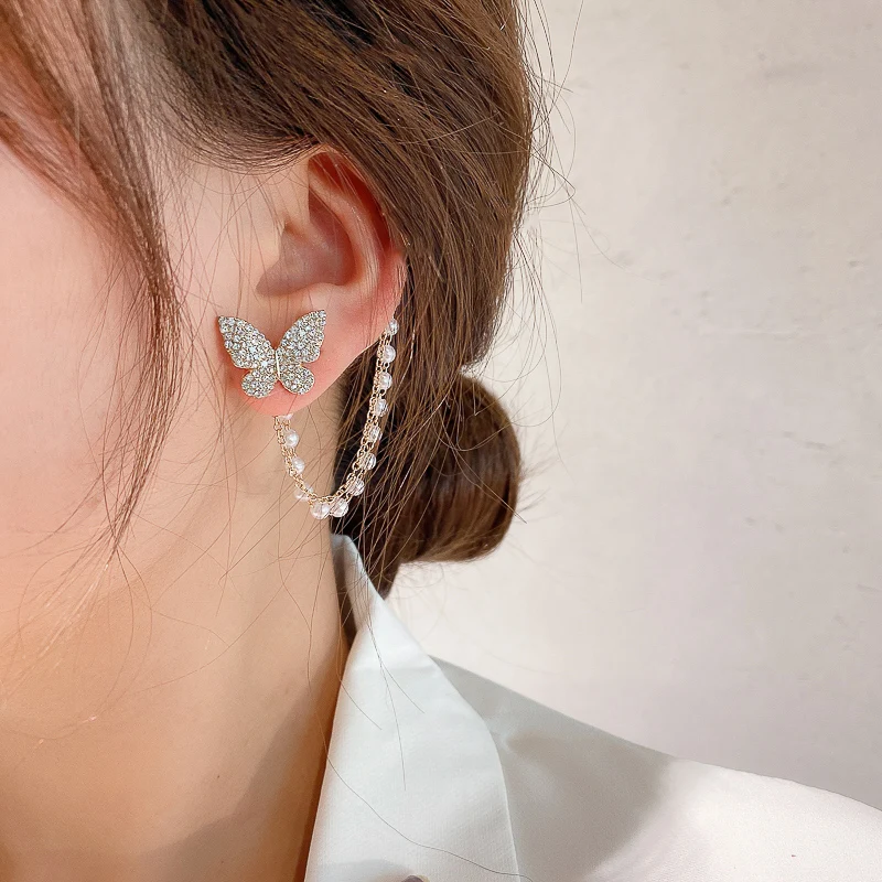 Asymmetric Butterfly Earring Pearl Chain Tassel Ear Bones Earrings For Women Girls New Fashion Party Jewelry Accessories