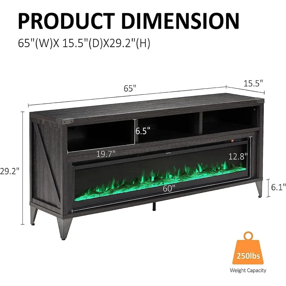 Soporte para TV con chimenea de 65" con chimenea eléctrica de vidrio de 60", centro de entretenimiento multimedia industrial y de granja con almacenamiento de estantería abierta