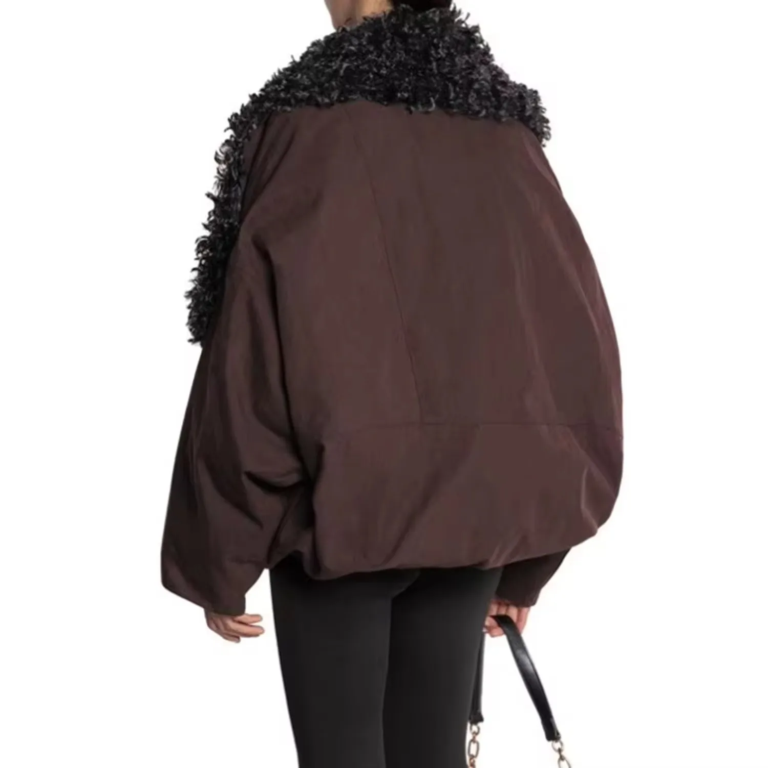 PUAL  Ladies Vintage Cropped Coat Large Curly Faux Fur Collar Loose Long Sleeve Winter Fashion Outer Jacket