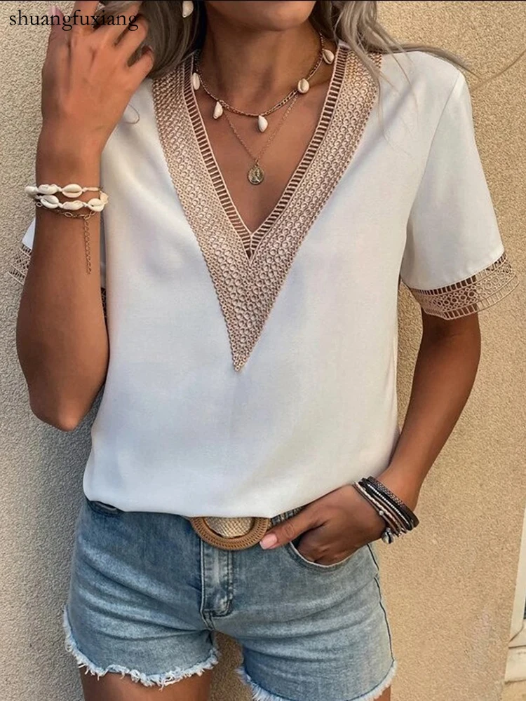 

Summer Casual White Lace Pactwork Shirt Blouse Woman Elegant Solid V-neck Shirts For Women 2022 Office Short Sleeve Top Femme