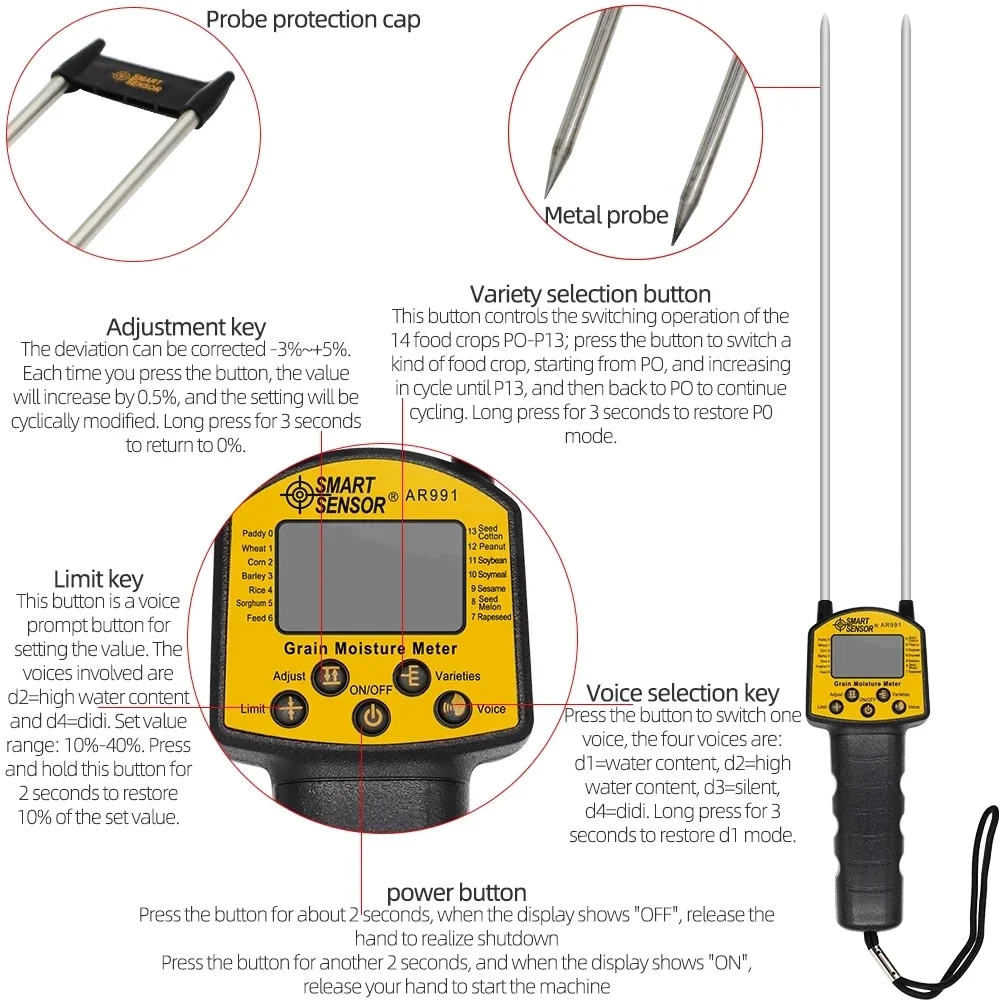 AR991 Professional Digital Grain Moisture Meter for Corn Wheat Rice Bean Peanut Grain Measurement Moisture Tester