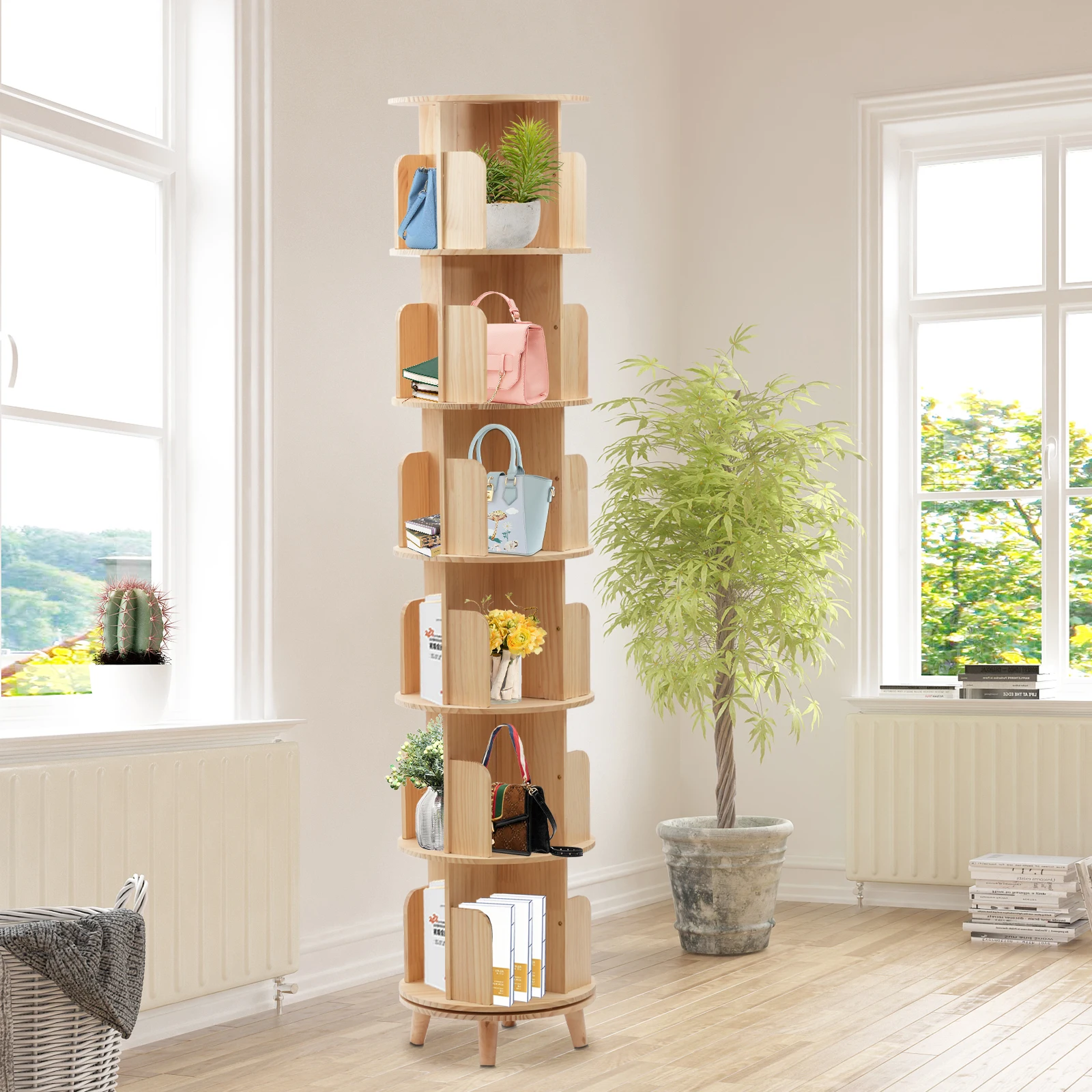 6 Tiers Rotating Bookshelf, Wood Narrow Bookshelf Organizer, 360 Display Floor Standing Bookcase Storage Rack