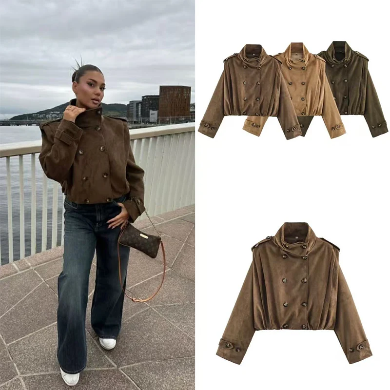 Guobioziy Women Vintage Military Jacket Faux Suede Double Breasted Stand Collar Short Coat Epaulettes Autumn Outerwear New