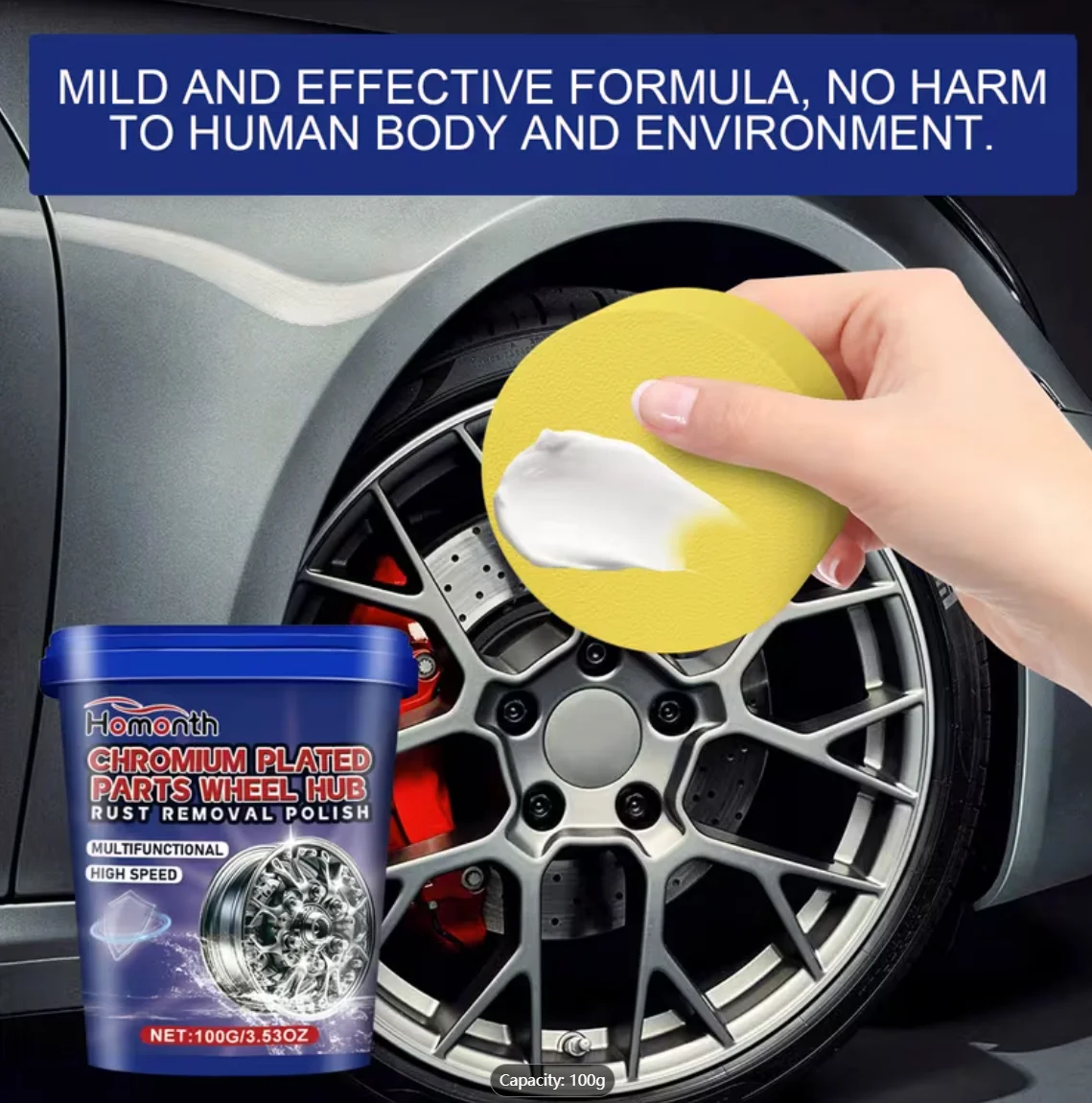 Homonth Chrome Plated Wheel Hub Rust Removal Polish, 100g - Multifunctional High-Speed Rust Remover & Polishing Paste with Spong