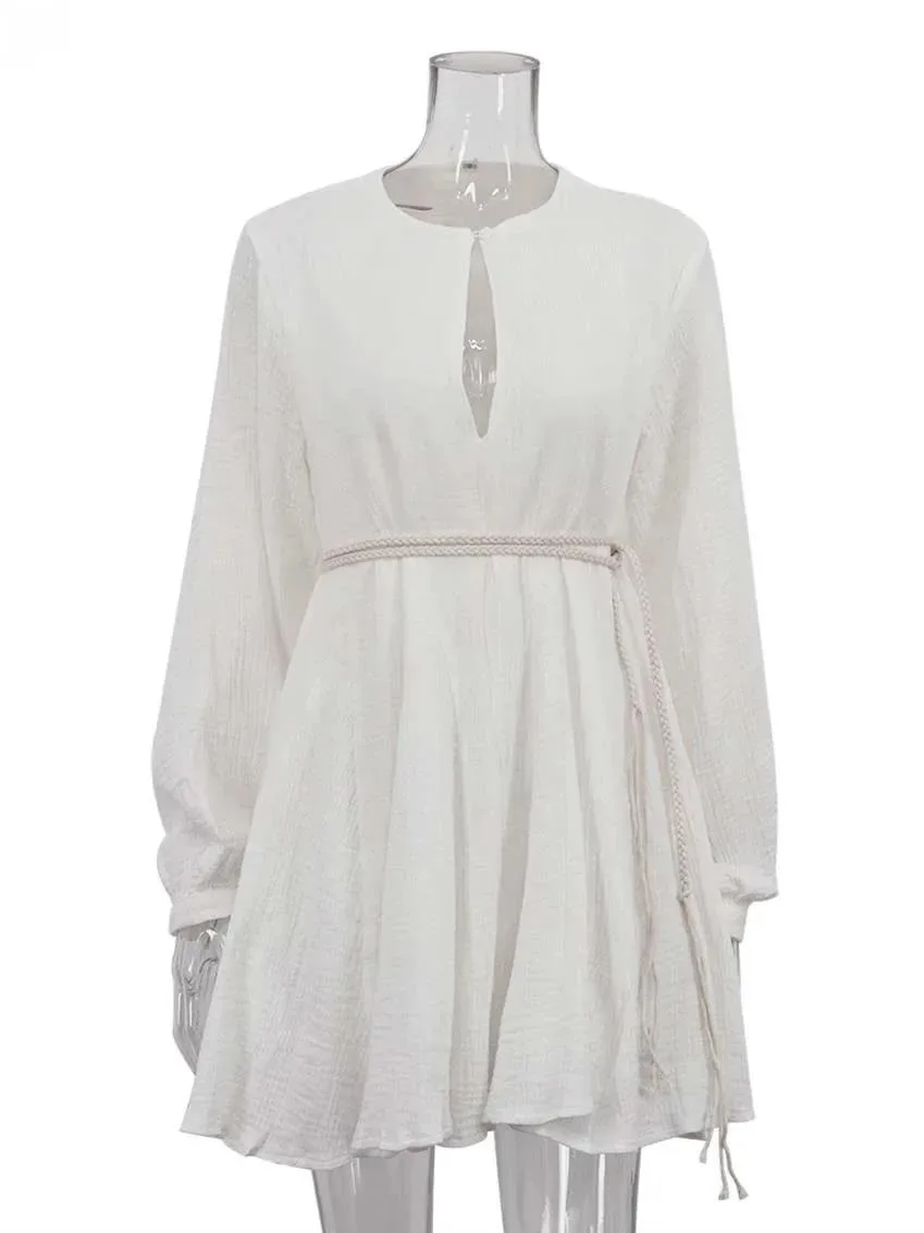 Elegante bege algodão das mulheres vestidos moda com decote em v manga longa rendas vestidos casuais solto plissado mini vestido streetwear rq24