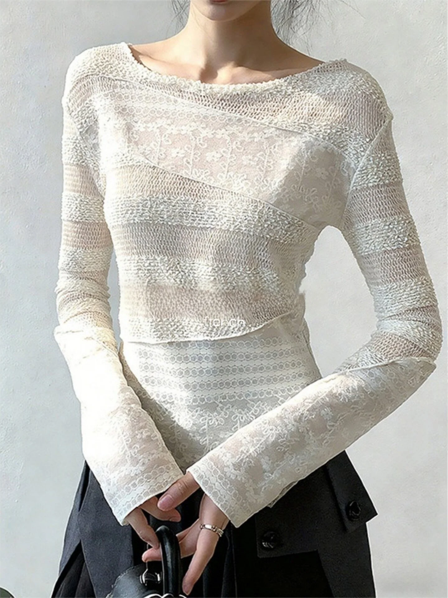

Rouje Kefss Luxury Style Loose Lace T-Shirt Fashionable Lazy Streetwear High Waist UV Protection Spring Long Sleeve Women's Top