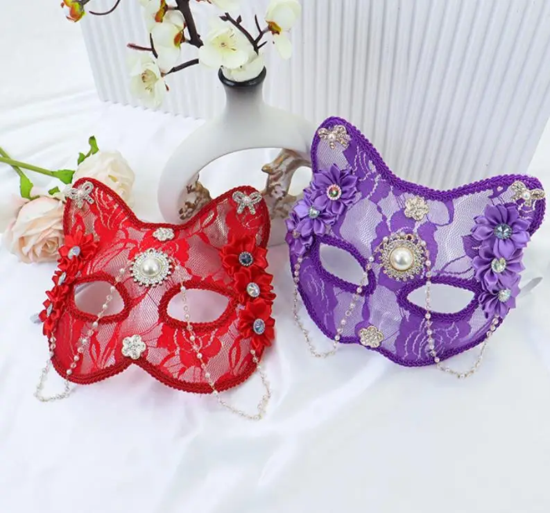 Creative Halloween Lace  Cat Mask Fashion Women Lace Half Face Masquerade Cosplay Animal Party Masks with Gem Chain Facewear