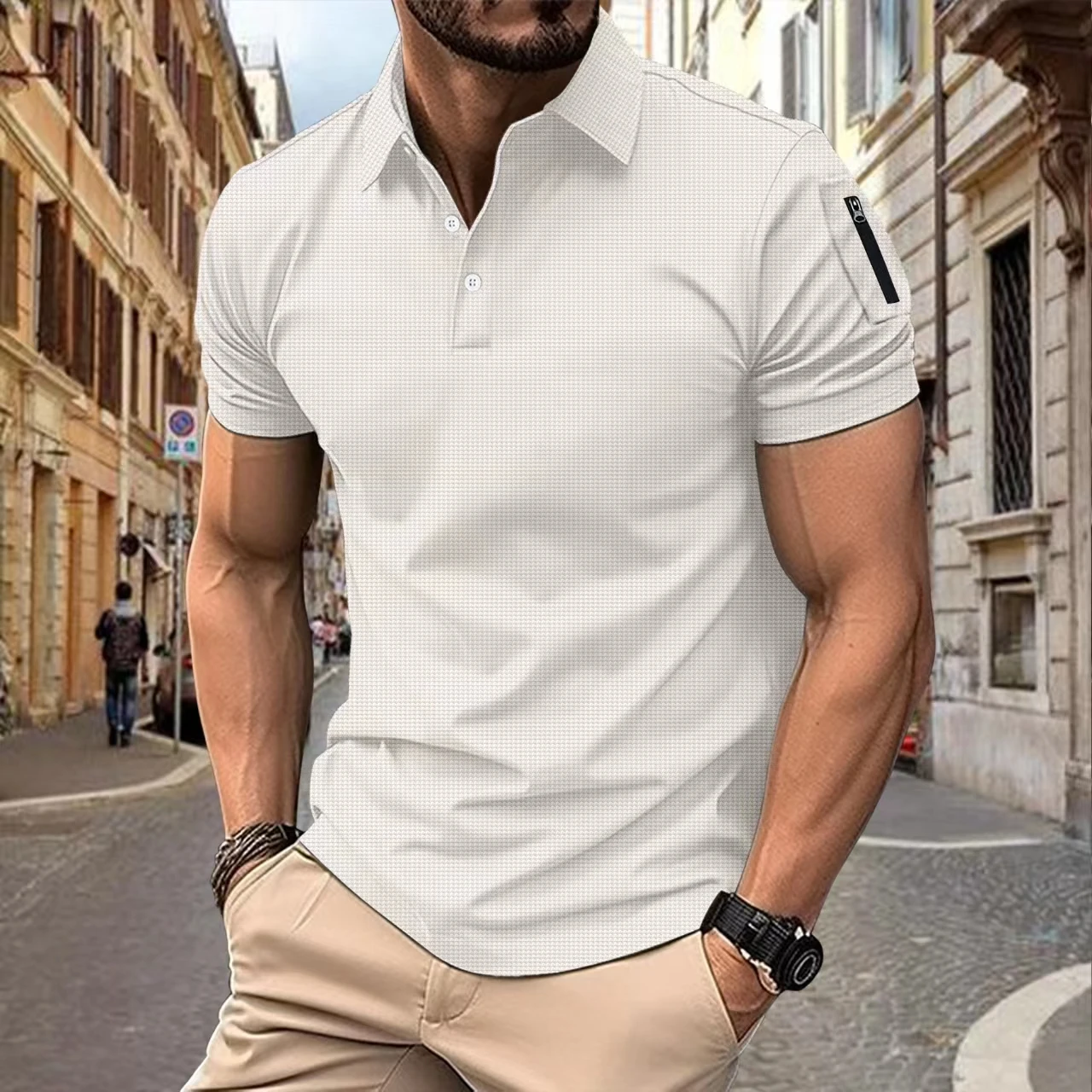 summer new men's casual fashion lapel button Waffle arm zipper true pocket solid color sports breathable POLO shirt short sleeve