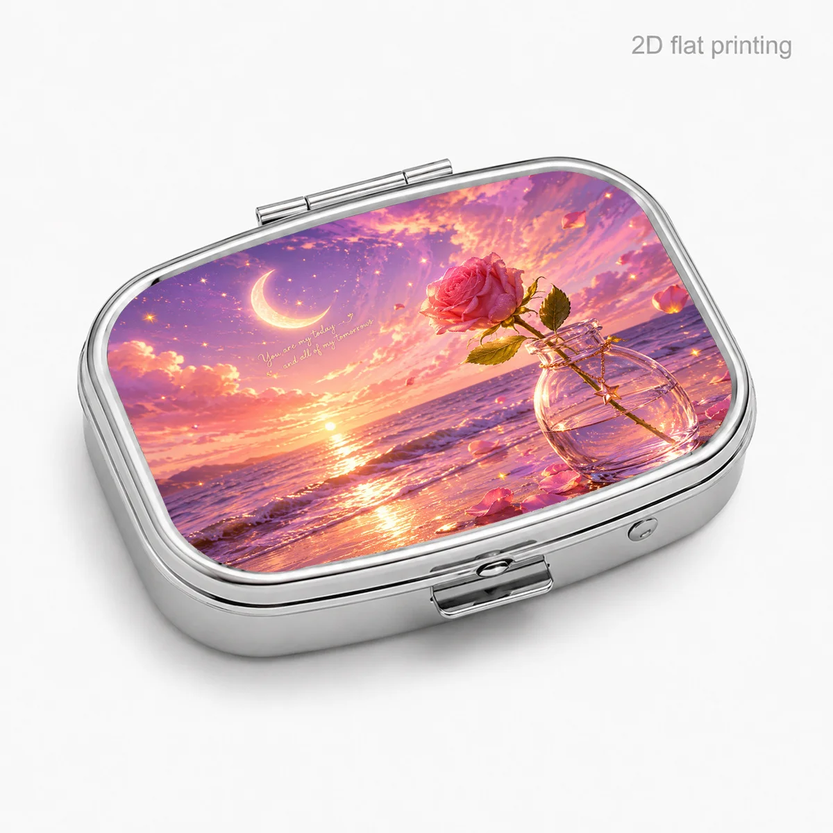 Single pack, flat print, pink and purple moonlight beach glass bottle rose, rectangular divider box, portable medicine storage, small jewelry storage, suitable for handbags or travel