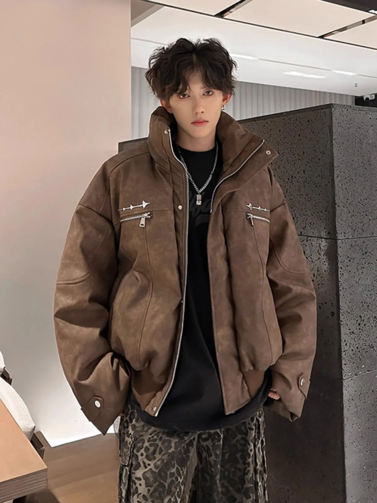 

Thiened ort Men's Jaet Coffee Leather Cotton Workwear Winter Coat Stand Collar American Sle Warmth Youth Faion