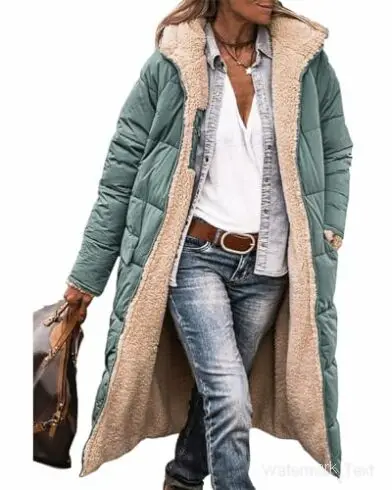 Women\'s 2024 Warm Winter Coats Reversible Sherpa Fleece Long Hooded Puffer Jackets Outerwear 142857