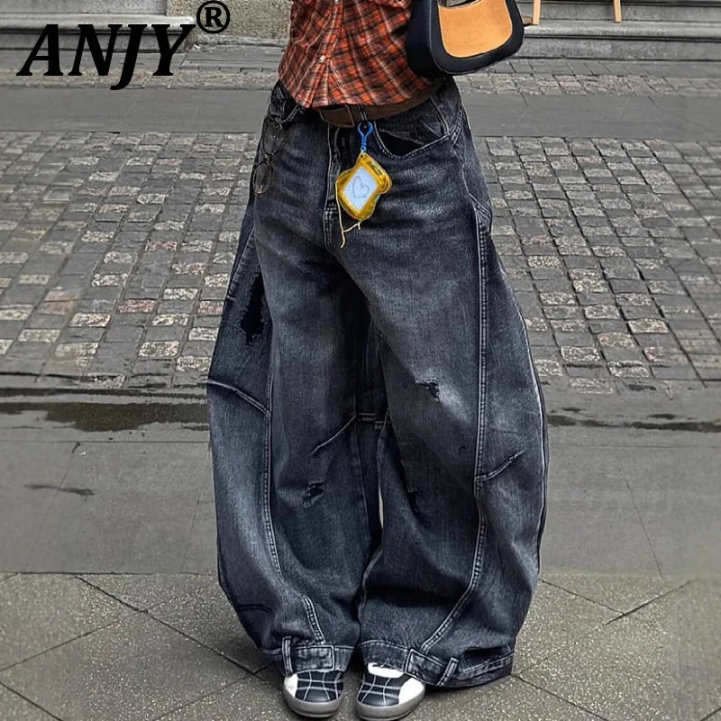

ANJY Autumn Winter New Women American High Street Washed Distressed Jeans Trendy Tide Slimming Loose Wide-Leg Denim Pants A16785
