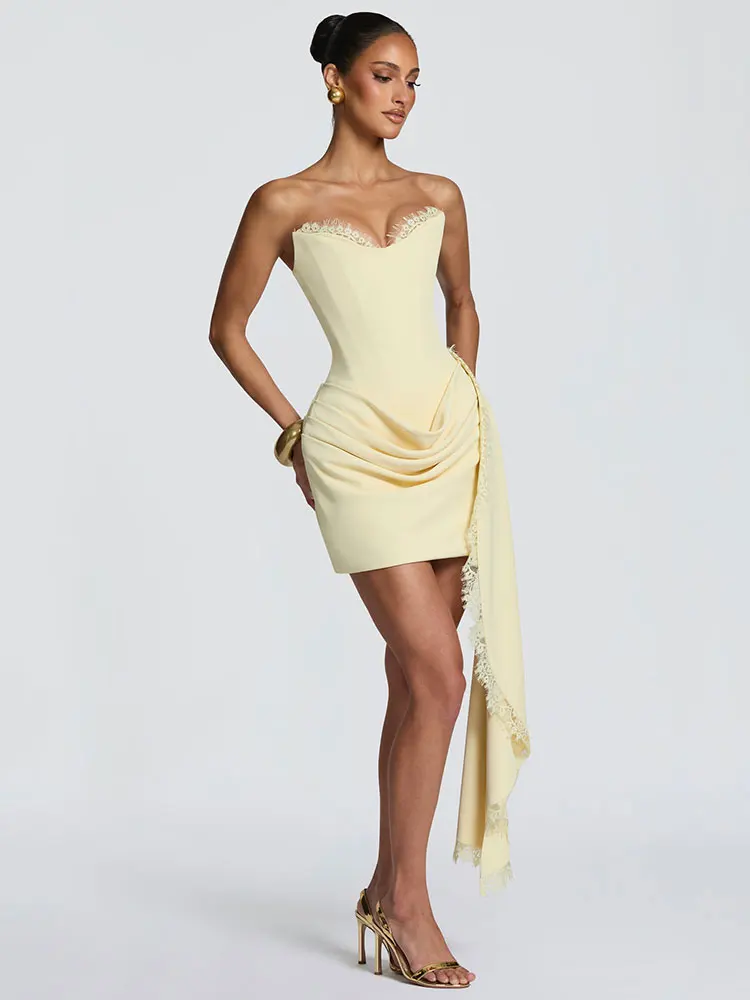 GACVGA Sexy Strapless Mini Dress Back Lace-up Women Summer Lace Draped Ruched Side Ribbon Wedding Slim Club Party Evening Dress