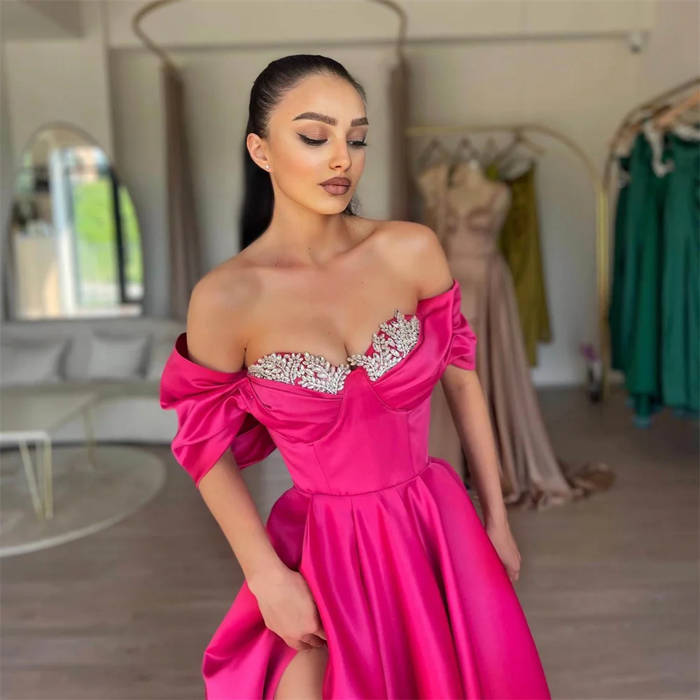 Lily Off the Shoulder Prom Dress Stain Beaded Party Dress A Line Celebrity Gowns Wedding Party Dress with Slit вечерние платья