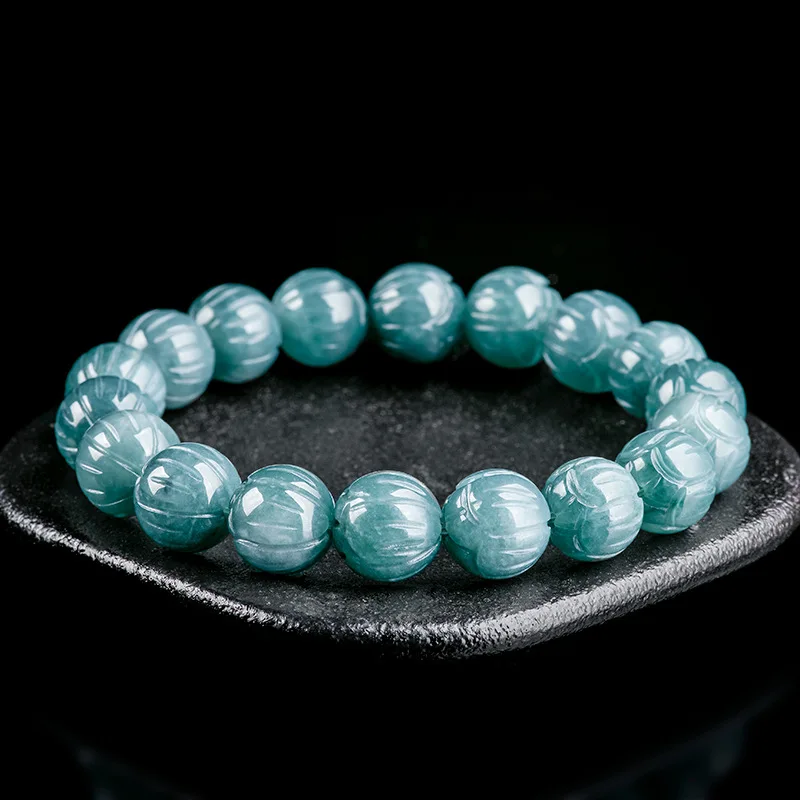 

Burmese Blue Jade Carving 12mm beads lotus bracelet Green Emerald Vintage Women Jewelry Jadeite Accessories Natural jade Amulet