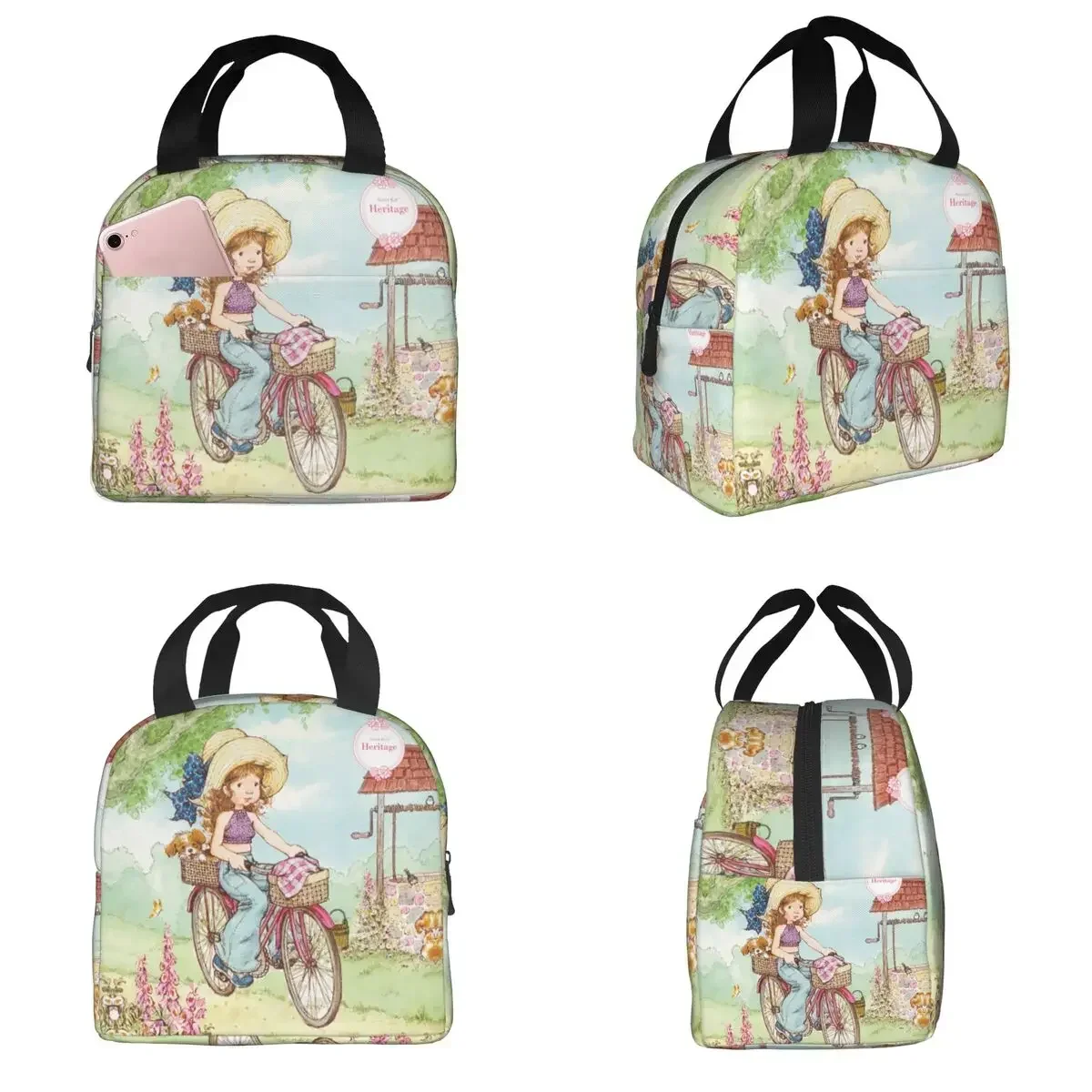 Cute Sarah Kay Girl Bike Ride Lunch Boxes Accessories Cartoon Village Life Thermal Cold Food Picnic Travel  Bag Insulated