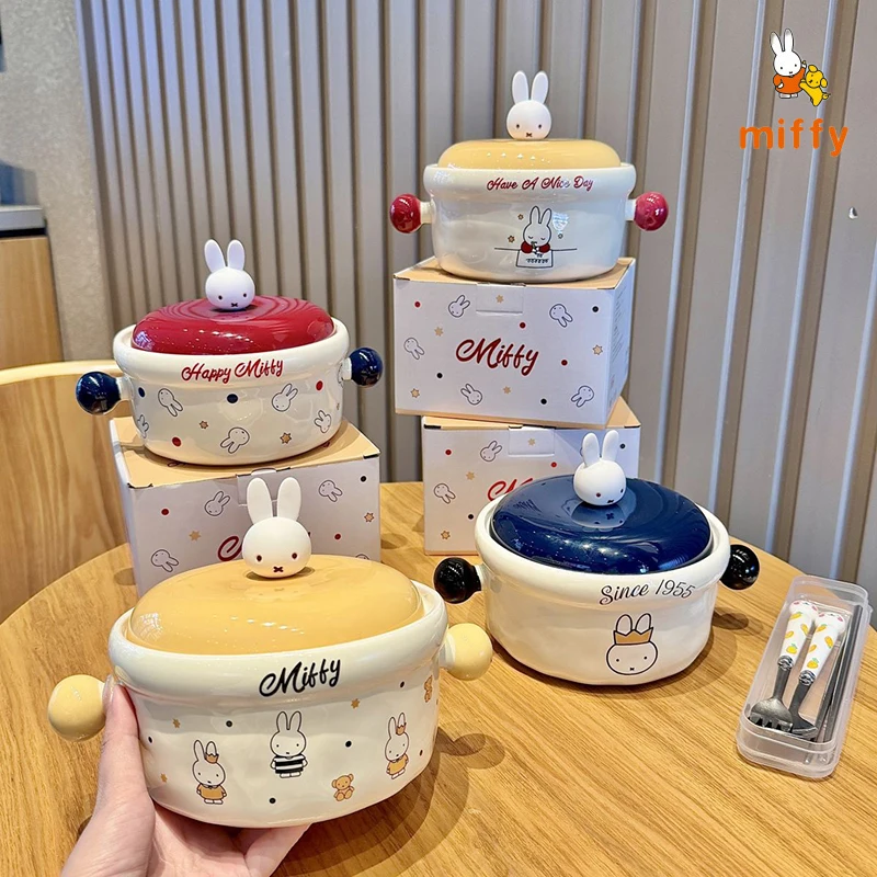 

Cute Miffy Double Handled Ceramic Bowl Cartoon High Quality Instant Noodle Bowl with Lid Kitchen Dormitory Tableware Girl Gifts