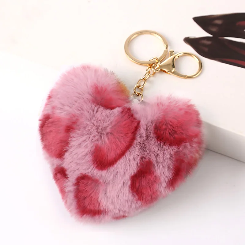 New Fashion Leopard Fluffy Ball Keychains for Women Girls Heart Shape Pompom Pendant Keyrings Key Holder Key Chains Rings Bag