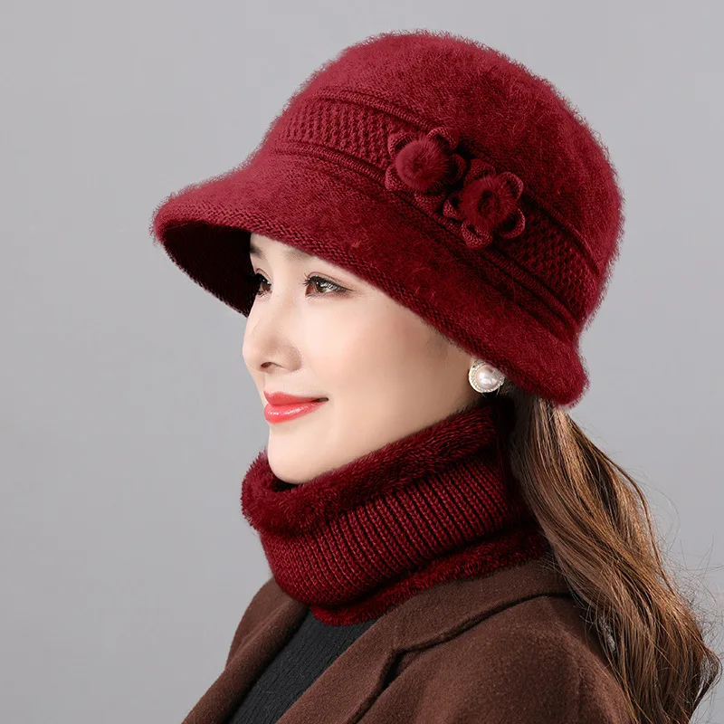 Warm Rabbit Fur Hat Middle-aged and Elderly Mom Cap Autumn and Winter Ladies Scarf Two Sets of Old Lady Winter Pot Hats