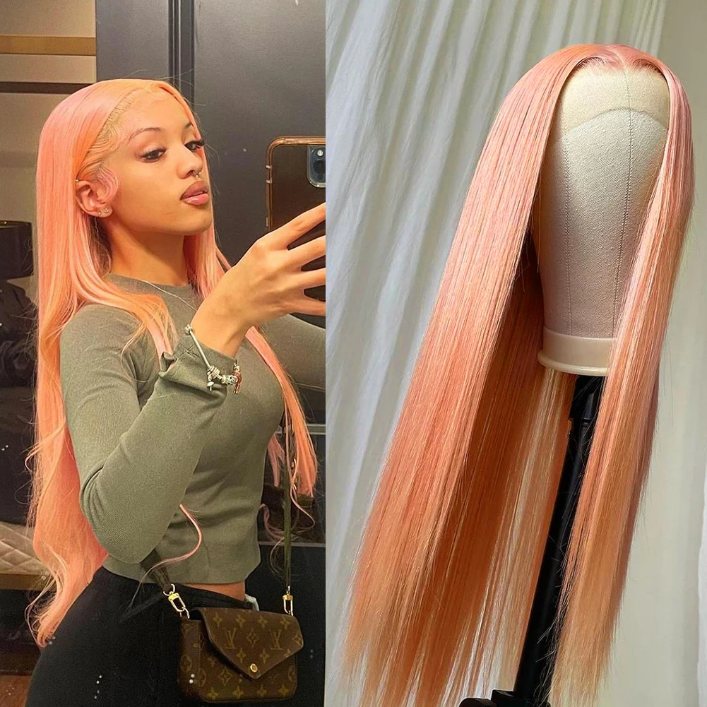 

AIMEYA Long Straight Wigs for Black Women Synthetic Lace Wig Orange Pink Wig Natural Hairline Middle Part Cosplay Wigs Daily Use