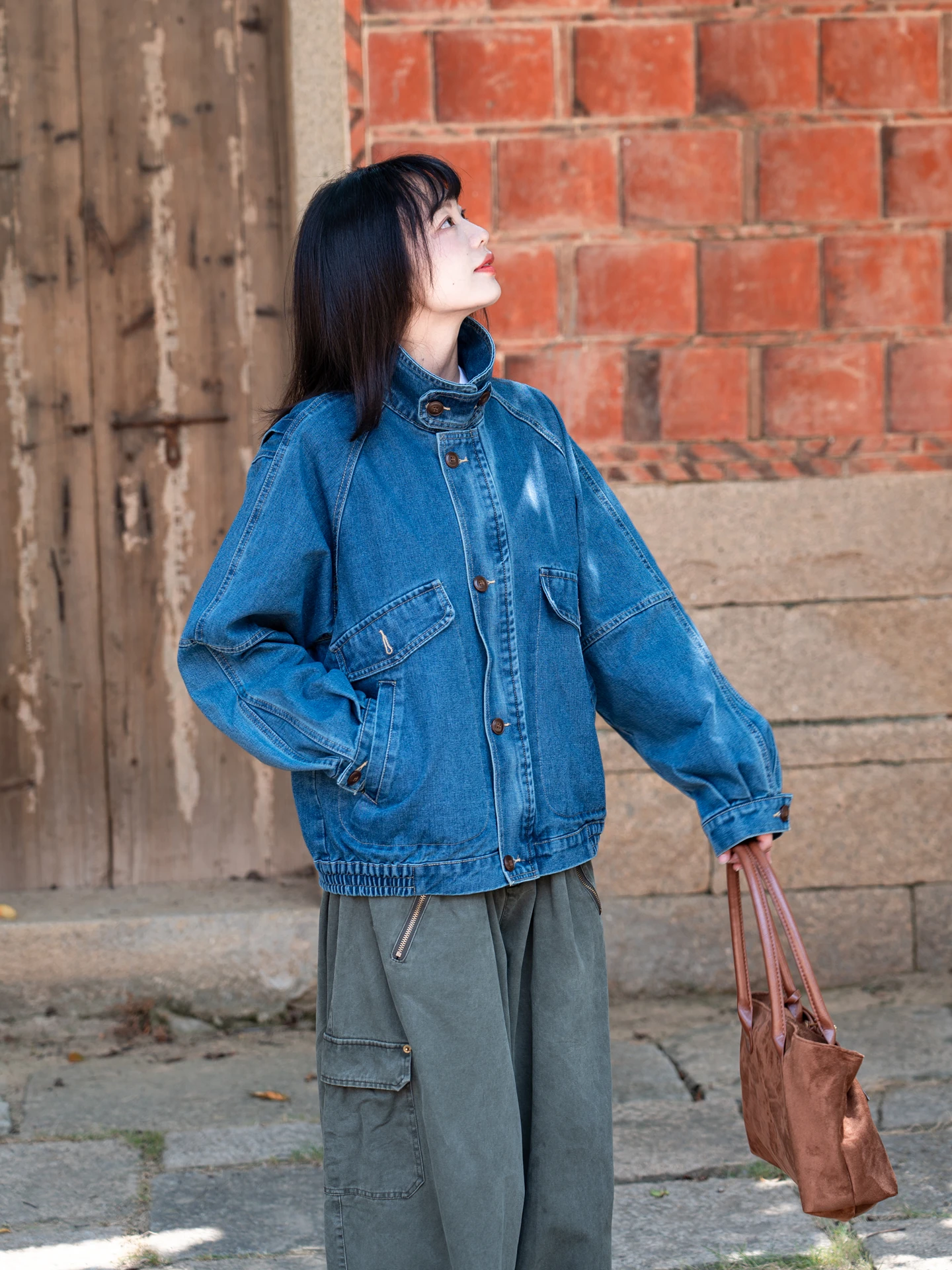 

Женская джинсовая куртка Waed в стиле ретро, пилотская куртка с воротником-стойкой, цветными блоками, эффектом похудения, длинными рукавами, повседневная верхняя одежда