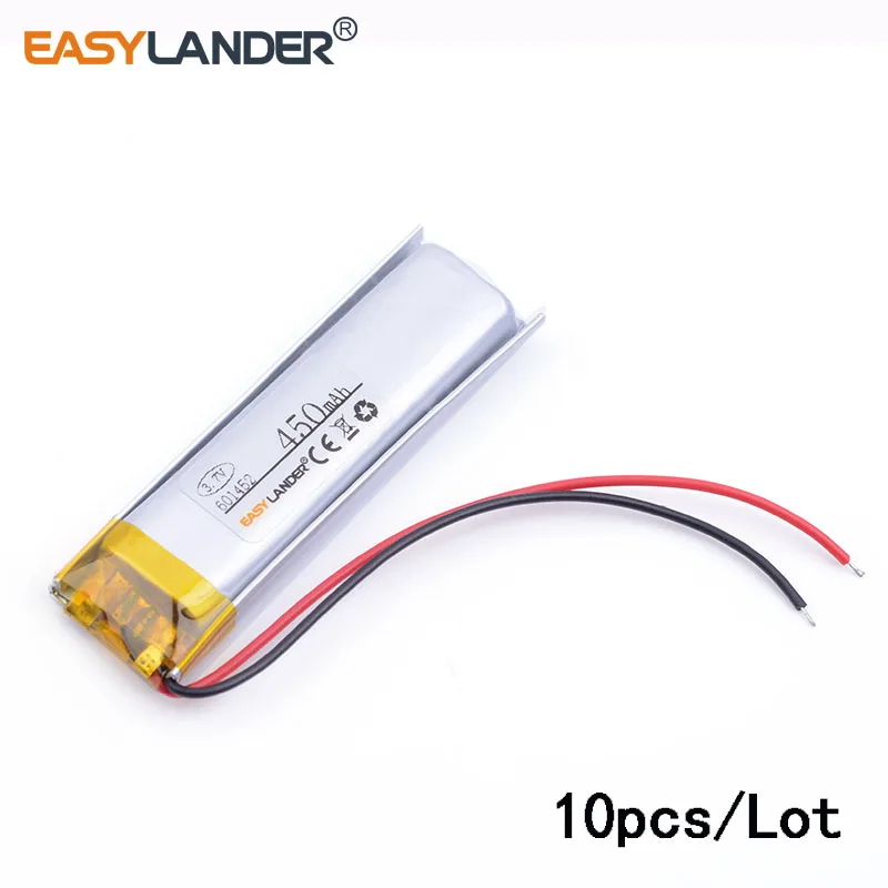 

10pcs /Lot 450mAh 601452 3.7v lithium Li ion polymer rechargeable battery For Mp3 GPS phone headphone DHL shipping