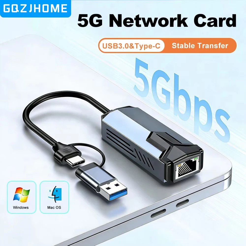 2.5G 5G USB Network Card 5000Mbps High Speed Wired Adapter USB3.0 Type-C to RJ45 Ethernet Converter HUB For MacBook Notebook