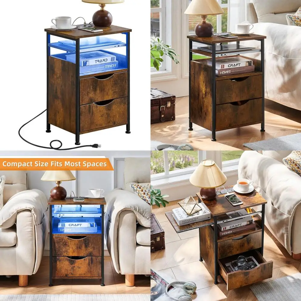 

Прикроватная тумбочка с зарядной станцией, узкий приставной столик с 2 ящиками, 7-цветная LED-подсветка, тонкий столик для спальни/гостиной, коричневый