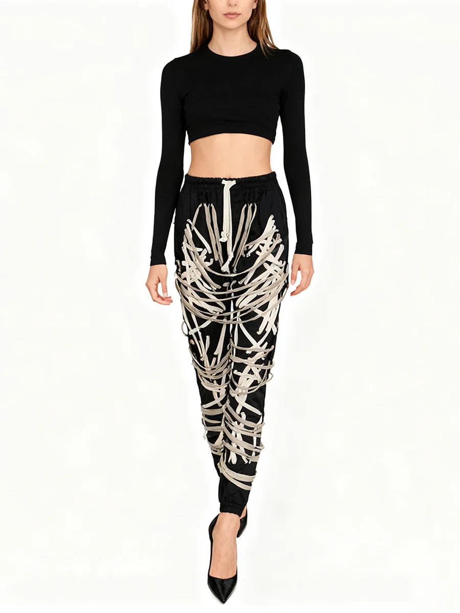 TWOTWINSTYLE Hit Farbe Gespleißt Strap Mode Hosen für Frauen Hohe Taille Patchwork Spitze Up Streetear Hose Weibliche Kleidung Neue