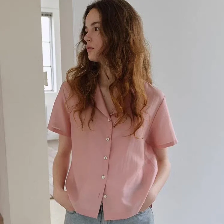 

Sienne Pink Lopez Silk Shirt Korean Style Loose Fit Short Sleeve Glimmer Soft Feel Women's Fashion Summer Breathable Shirt
