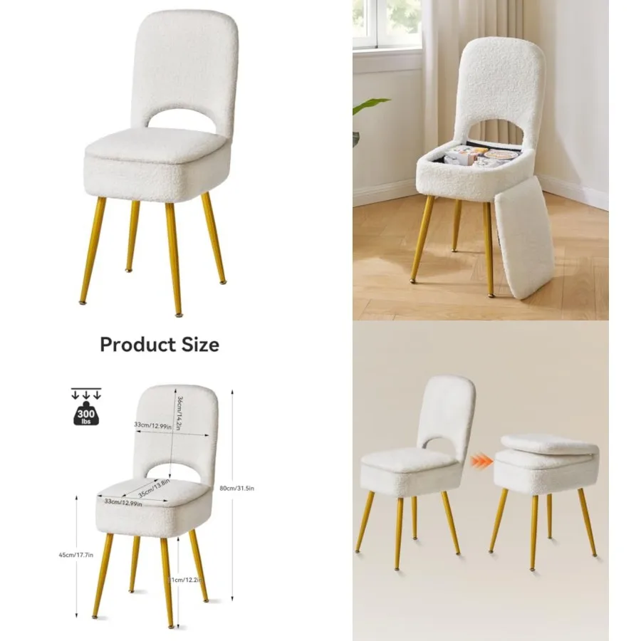 

Small Storage Vanity Stool with Folding Backrest, 12.99" x 13.78" x 31.5" Teddy Velvet Ottoman, Makeup Chair for Living Room, 4