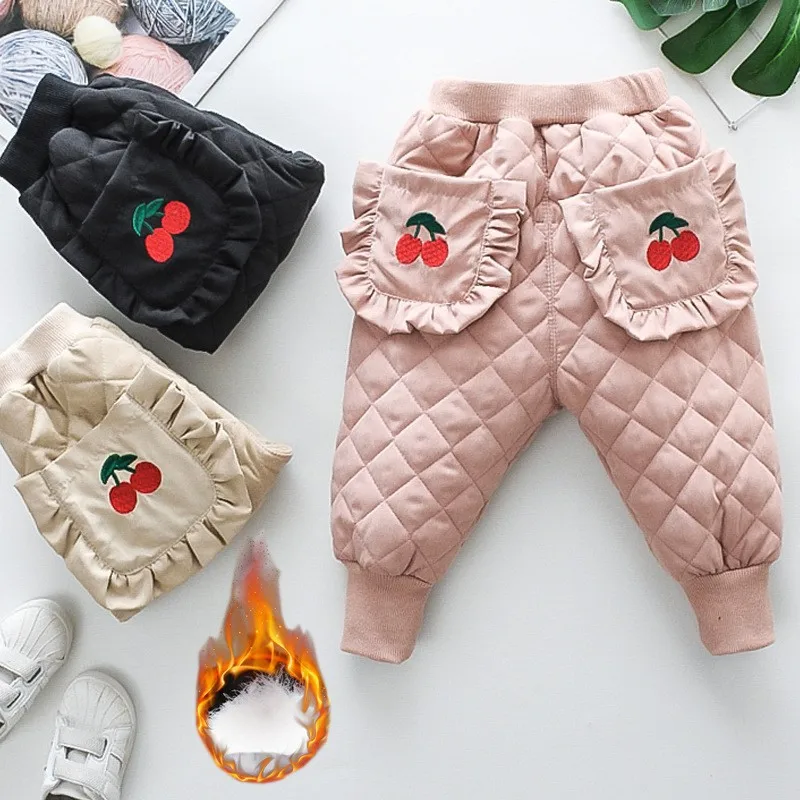 

UNITIM Infant Baby Girls Pant Cherry Embroidery Thick Warm Kids Girls Jogger Pant Winter Elastic Waist Toddler Girls Cotton Pant